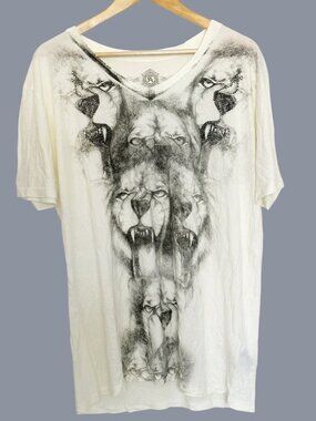 Christian Audigier T-Shirt XL Offwhite Graphic Rhinestone Lions Y2K Streetwear